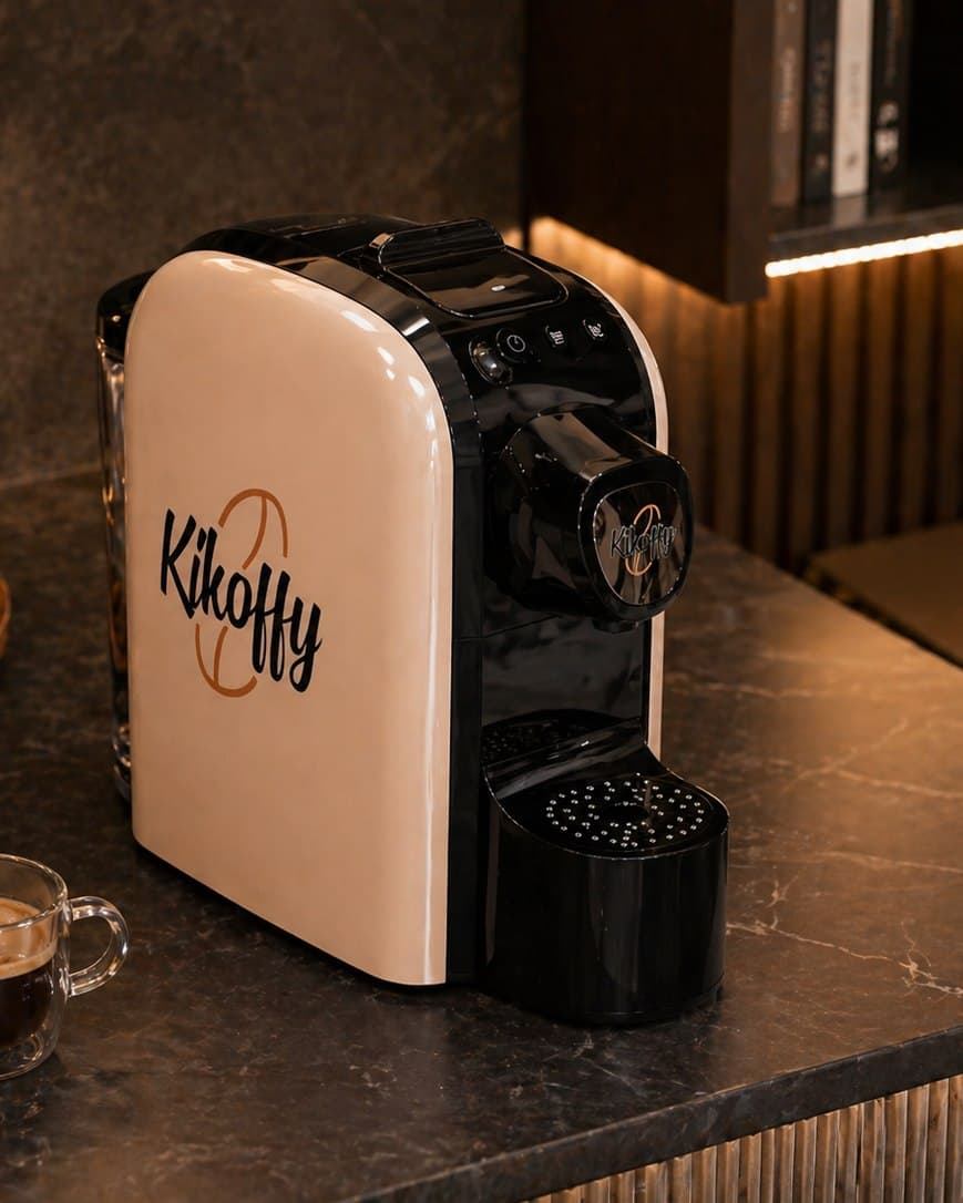 Macchina KIKOFFY a circuito chiuso su piano caffè con tazzina espresso
