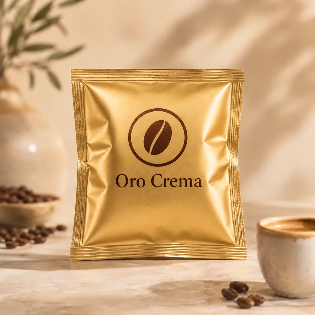 Bustina dorata Oro Crema con medaglione chicco di caffè stampato, Master